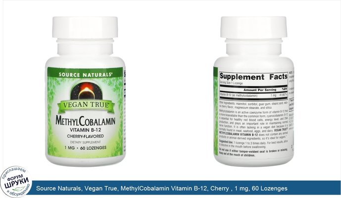 Source Naturals, Vegan True, MethylCobalamin Vitamin B-12, Cherry , 1 mg, 60 Lozenges