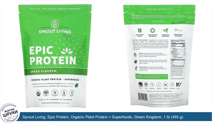 Sprout Living, Epic Protein, Organic Plant Protein + Superfoods, Green Kingdom, 1 lb (455 g)