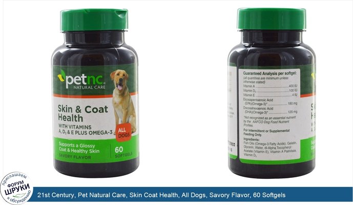 21st Century, Pet Natural Care, Skin Coat Health, All Dogs, Savory Flavor, 60 Softgels