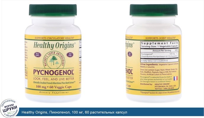 Healthy Origins, Пикногенол, 100 мг, 60 растительных капсул