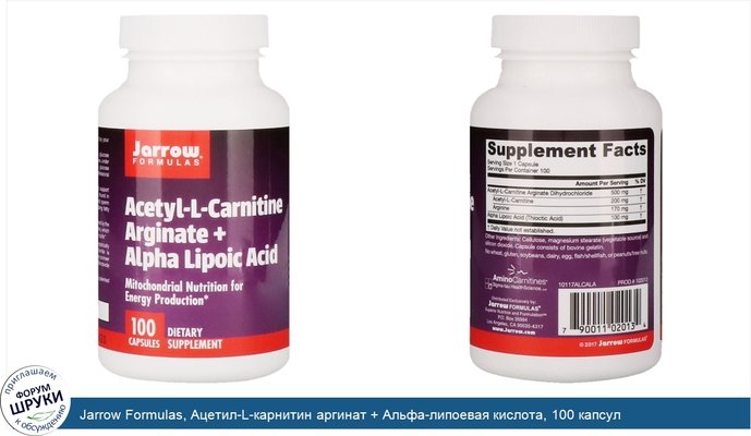 Jarrow Formulas, Ацетил-L-карнитин аргинат + Альфа-липоевая кислота, 100 капсул
