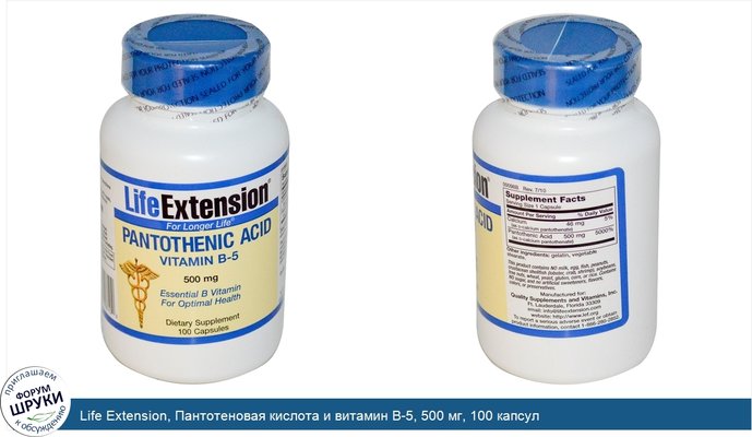 Life Extension, Пантотеновая кислота и витамин B-5, 500 мг, 100 капсул