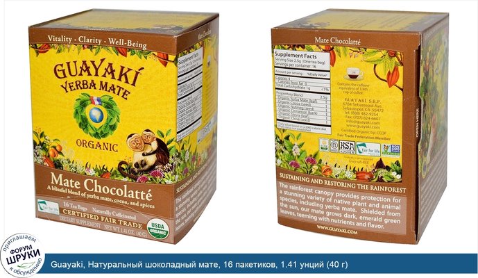 Guayaki, Натуральный шоколадный мате, 16 пакетиков, 1.41 унций (40 г)