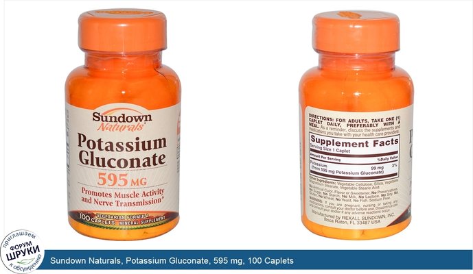 Sundown Naturals, Potassium Gluconate, 595 mg, 100 Caplets