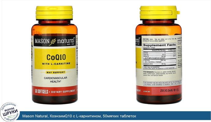 Mason Natural, КоэнзимQ10 с L-карнитином, 50мягких таблеток