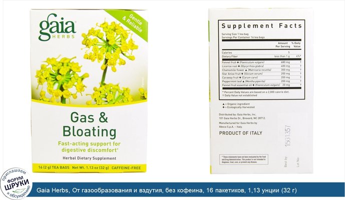 Gaia Herbs, От газообразования и вздутия, без кофеина, 16 пакетиков, 1,13 унции (32 г)