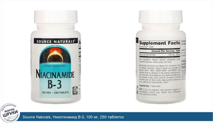 Source Naturals, Никотинамид B-3, 100 мг, 250 таблеток