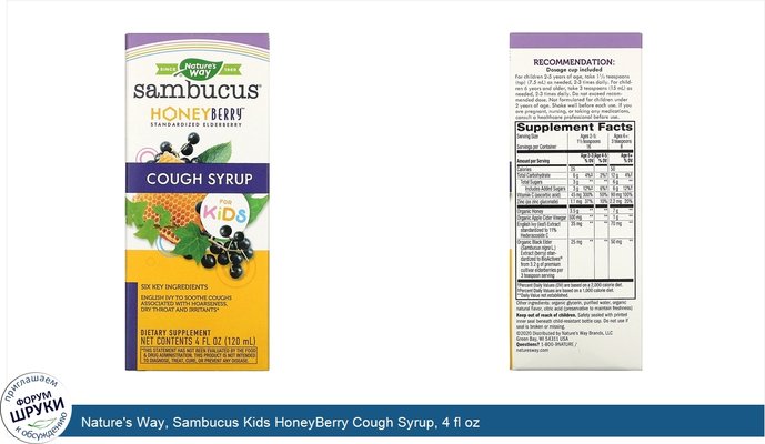 Nature\'s Way, Sambucus Kids HoneyBerry Cough Syrup, 4 fl oz