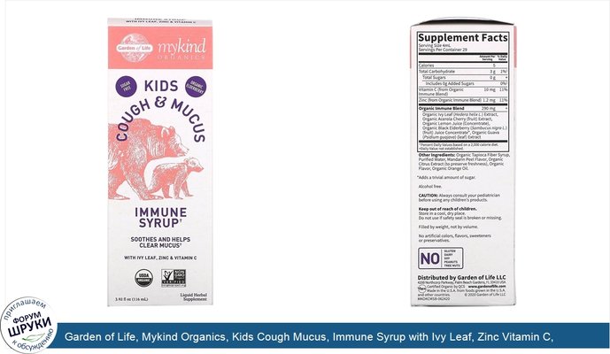 Garden of Life, Mykind Organics, Kids Cough Mucus, Immune Syrup with Ivy Leaf, Zinc Vitamin C, 3.92 fl oz (116 ml)