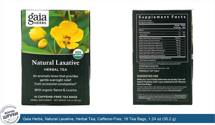 Gaia Herbs, Natural Laxative, Herbal Tea, Caffeine-Free, 16 Tea Bags, 1.24 oz (35.2 g)