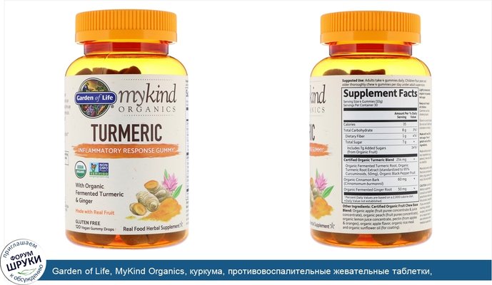Garden of Life, MyKind Organics, куркума, противовоспалительные жевательные таблетки, 120веганских жевательных таблеток