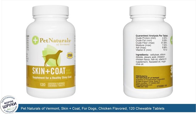 Pet Naturals of Vermont, Skin + Coat, For Dogs, Chicken Flavored, 120 Chewable Tablets