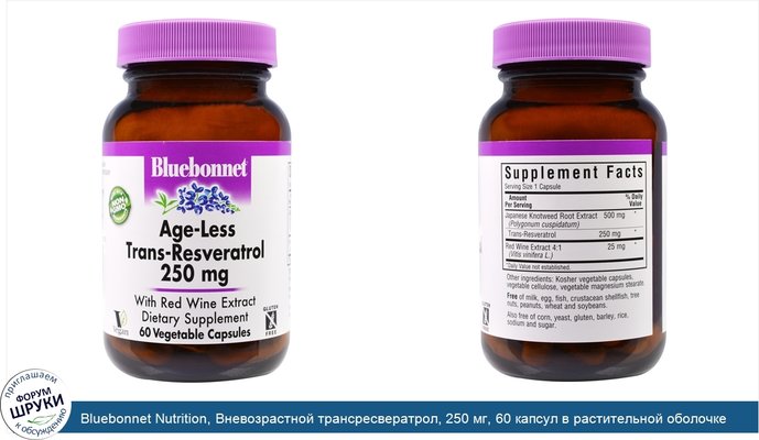 Bluebonnet Nutrition, Вневозрастной трансресвератрол, 250 мг, 60 капсул в растительной оболочке