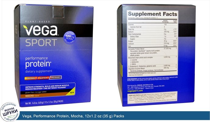 Vega, Performance Protein, Mocha, 12x1.2 oz (35 g) Packs
