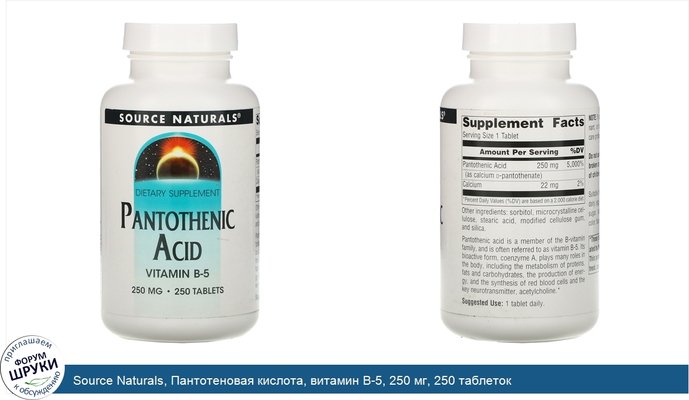 Source Naturals, Пантотеновая кислота, витамин В-5, 250 мг, 250 таблеток