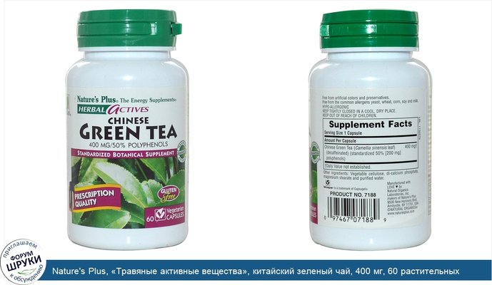 Nature\'s Plus, «Травяные активные вещества», китайский зеленый чай, 400 мг, 60 растительных капсул