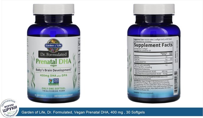 Garden of Life, Dr. Formulated, Vegan Prenatal DHA, 400 mg , 30 Softgels