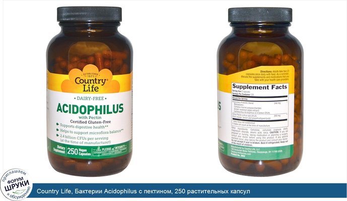 Country Life, Бактерии Acidophilus с пектином, 250 растительных капсул