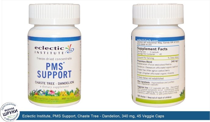 Eclectic Institute, PMS Support, Chaste Tree - Dandelion, 340 mg, 45 Veggie Caps