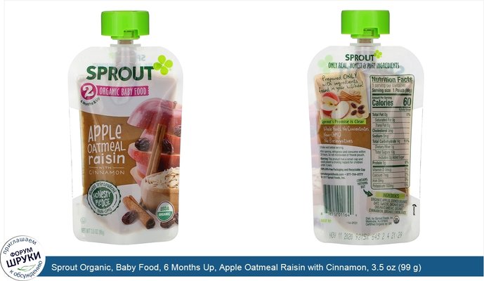 Sprout Organic, Baby Food, 6 Months Up, Apple Oatmeal Raisin with Cinnamon, 3.5 oz (99 g)