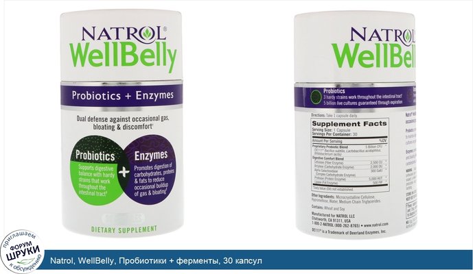 Natrol, WellBelly, Пробиотики + ферменты, 30 капсул