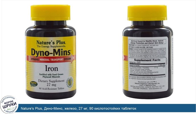 Nature\'s Plus, Дино-Минс, железо, 27 мг, 90 кислотостойких таблеток