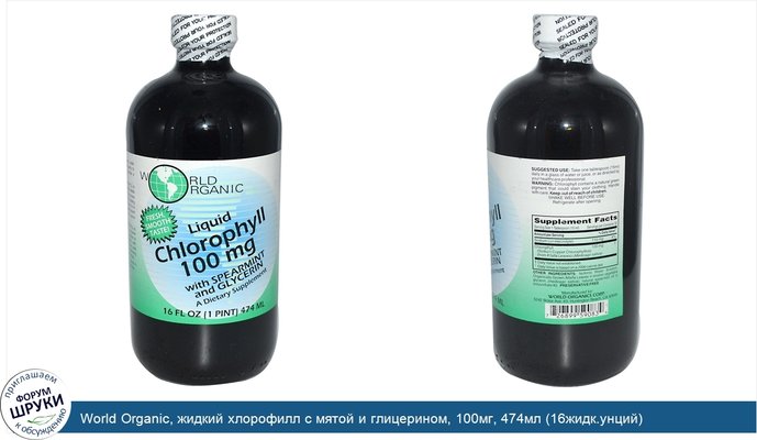 World Organic, жидкий хлорофилл с мятой и глицерином, 100мг, 474мл (16жидк.унций)