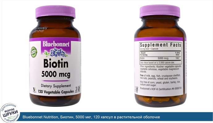 Bluebonnet Nutrition, Биотин, 5000 мкг, 120 капсул в растительной оболочке