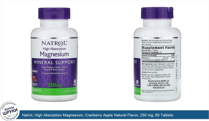 Natrol, High Absorption Magnesium, Cranberry Apple Natural Flavor, 250 mg, 60 Tablets