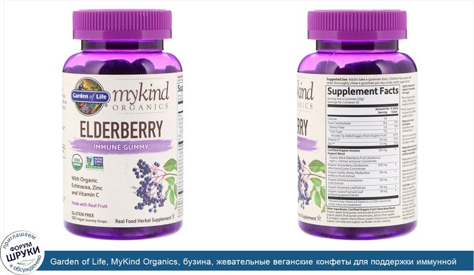 Garden of Life, MyKind Organics, бузина, жевательные веганские конфеты для поддержки иммунной системы, 120 шт.