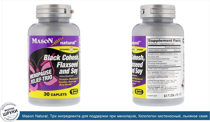 Mason Natural, Три ингредиента для поддержки при менопаузе, Кклопогон кистеносный, льняное семя и соя, 30 капсуловидных таблеток