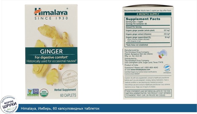 Himalaya, Имбирь, 60 капсуловидных таблеток