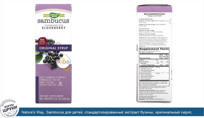 Nature\'s Way, Sambucus для детей, стандартизированный экстракт бузины, оригинальный сироп, 240мл (8жидкихунций)