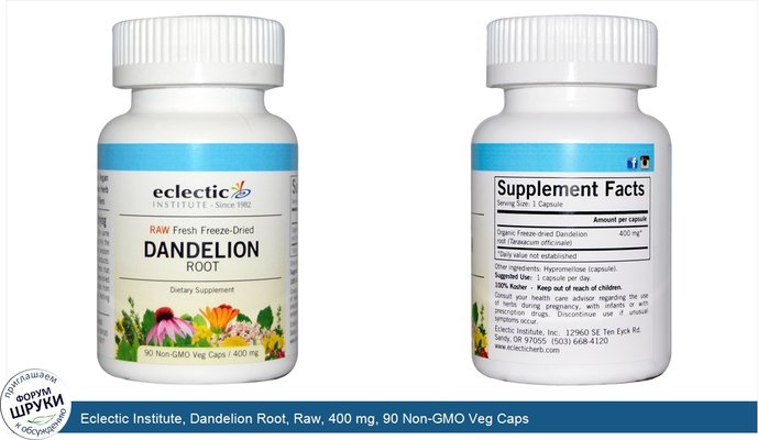 Eclectic Institute, Dandelion Root, Raw, 400 mg, 90 Non-GMO Veg Caps
