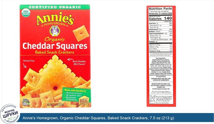 Annie\'s Homegrown, Organic Cheddar Squares, Baked Snack Crackers, 7.5 oz (213 g)