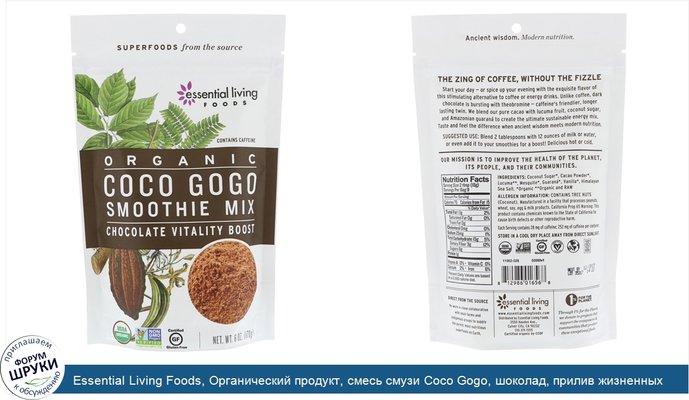 Essential Living Foods, Органический продукт, смесь смузи Coco Gogo, шоколад, прилив жизненных сил, 6 унц. (170 г)