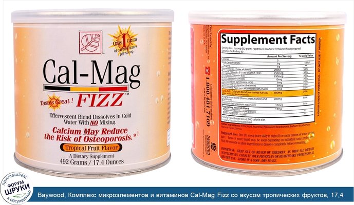Baywood, Комплекс микроэлементов и витаминов Cal-Mag Fizz со вкусом тропических фруктов, 17,4 унций (492 г)