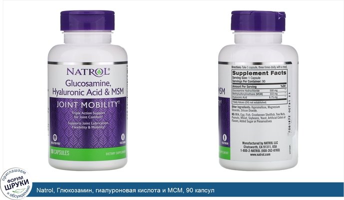 Natrol, Глюкозамин, гиалуроновая кислота и МСМ, 90 капсул