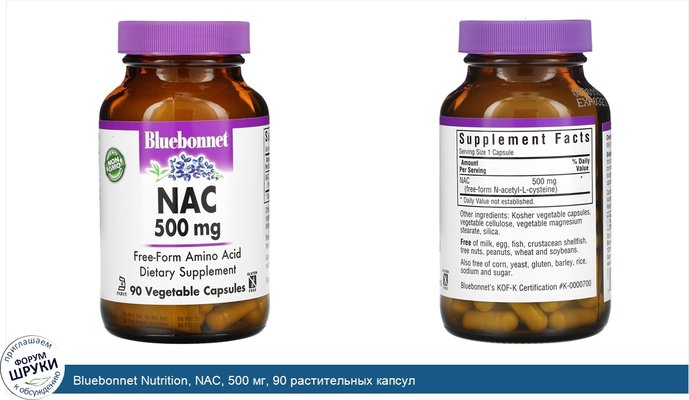 Bluebonnet Nutrition, NAC, 500 мг, 90 растительных капсул