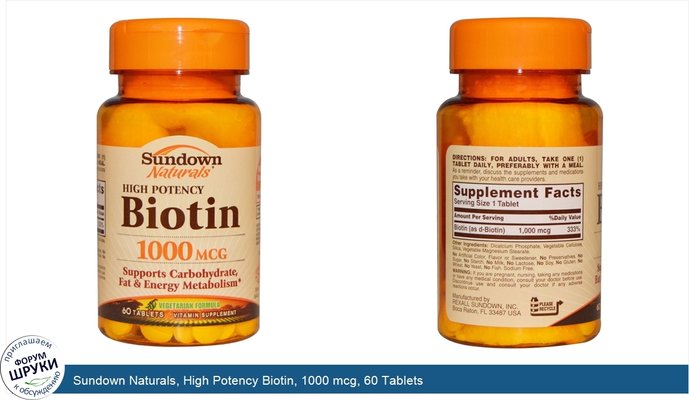 Sundown Naturals, High Potency Biotin, 1000 mcg, 60 Tablets