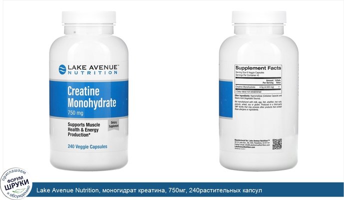 Lake Avenue Nutrition, моногидрат креатина, 750мг, 240растительных капсул