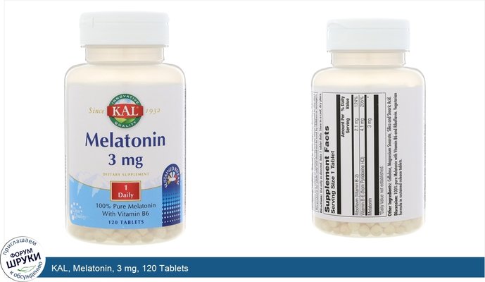 KAL, Melatonin, 3 mg, 120 Tablets