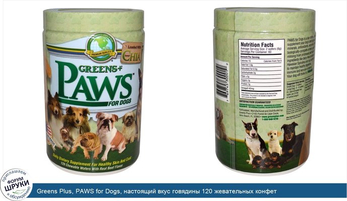 Greens Plus, PAWS for Dogs, настоящий вкус говядины 120 жевательных конфет