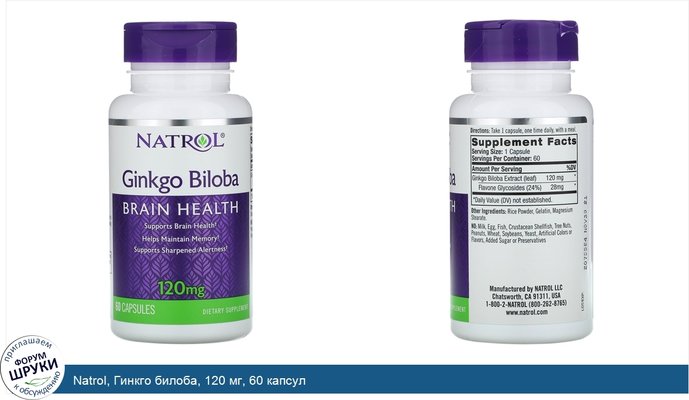 Natrol, Гинкго билоба, 120 мг, 60 капсул