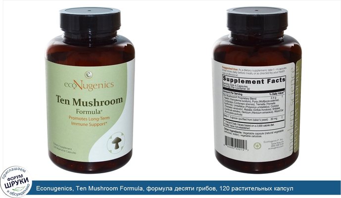 Econugenics, Ten Mushroom Formula, формула десяти грибов, 120 растительных капсул