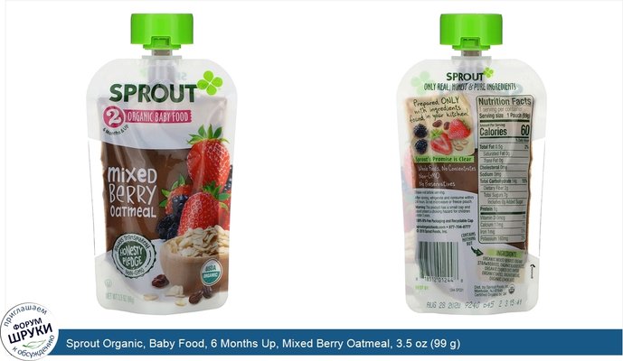 Sprout Organic, Baby Food, 6 Months Up, Mixed Berry Oatmeal, 3.5 oz (99 g)