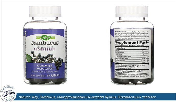Nature\'s Way, Sambucus, стандартизированный экстракт бузины, 60жевательных таблеток
