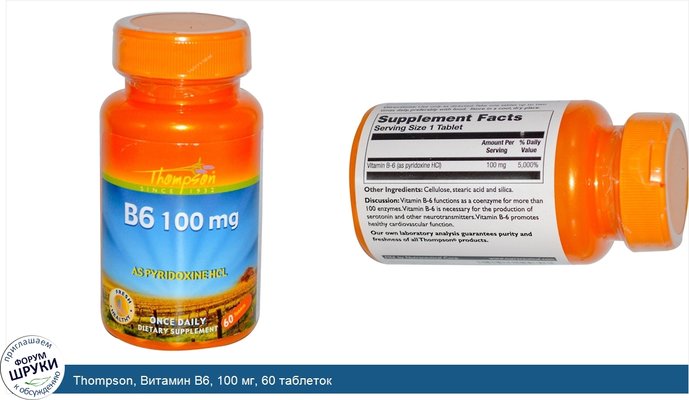 Thompson, Витамин B6, 100 мг, 60 таблеток