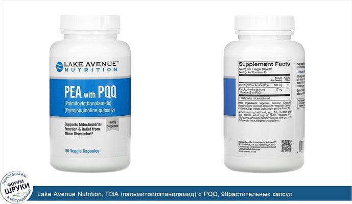 Lake Avenue Nutrition, ПЭА (пальмитоилэтаноламид) с PQQ, 90растительных капсул