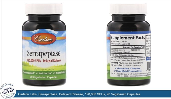 Carlson Labs, Serrapeptase, Delayed Release, 120,000 SPUs, 90 Vegetarian Capsules